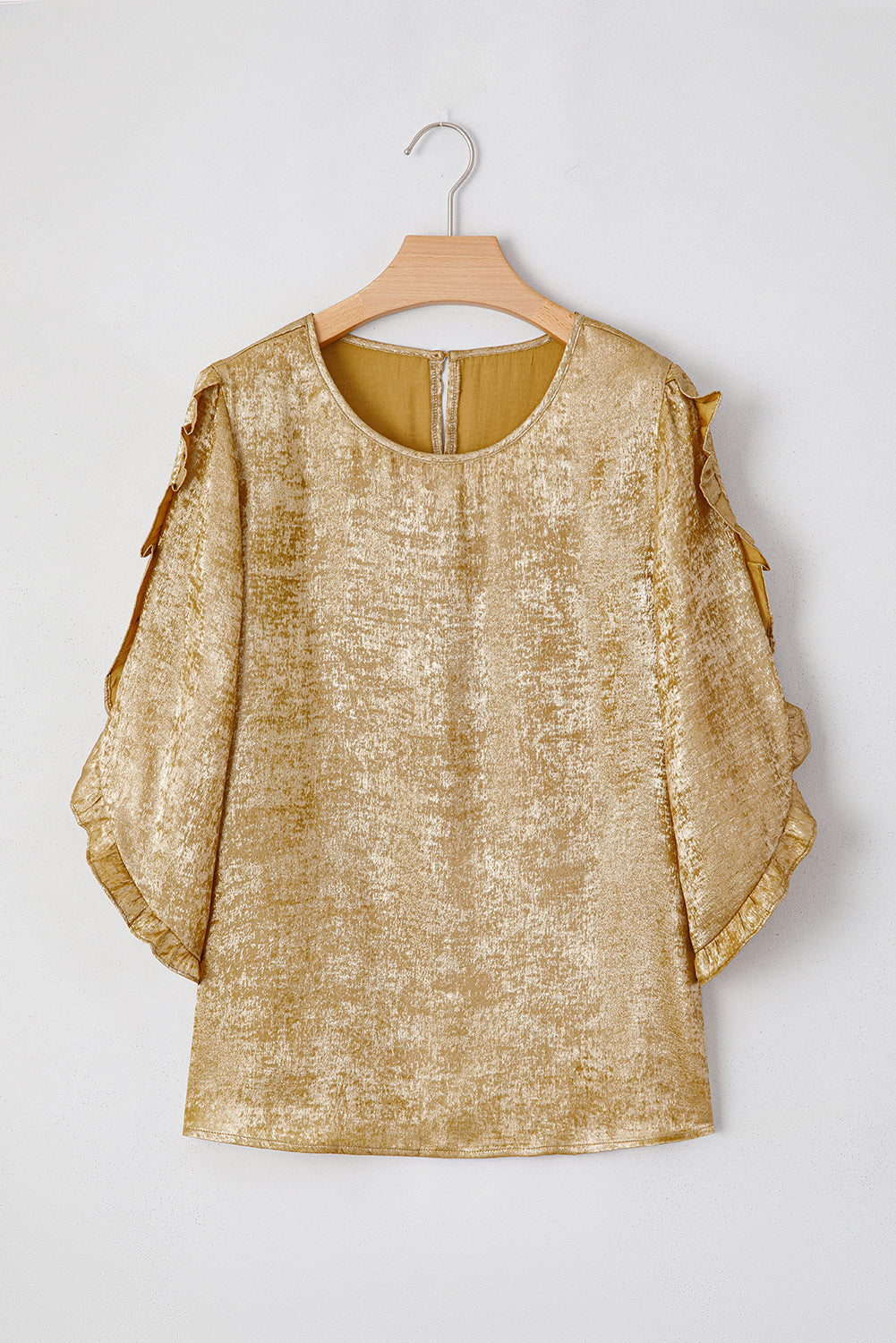 Gold Solid Color Ruffle Trim Flounce Sleeve Blouse