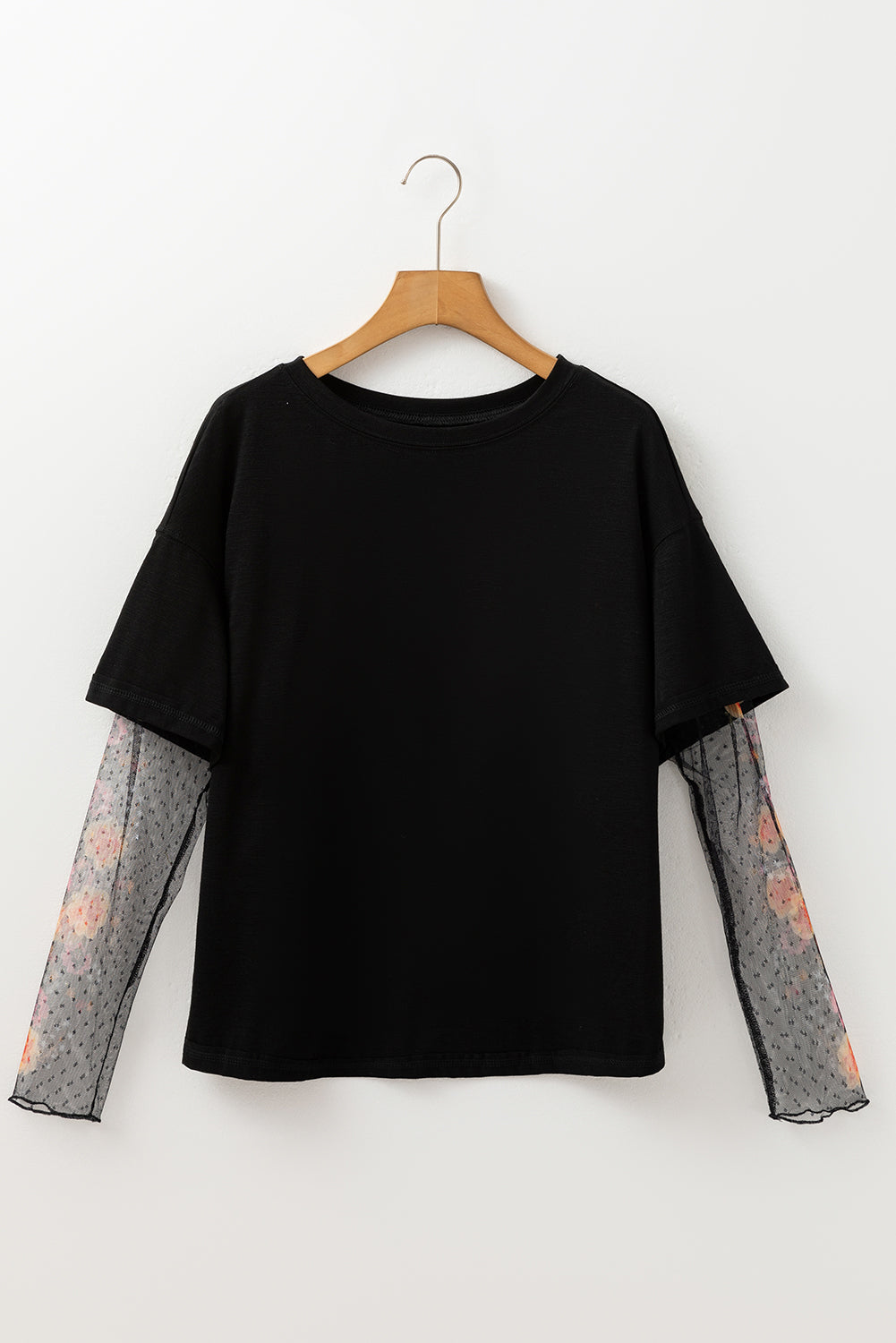 White Floral Mesh Patchwork Sleeve Fake Two-Piece Top