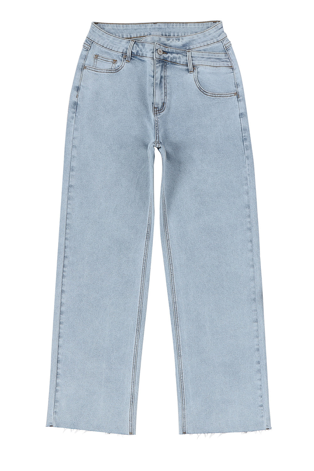 Sky Blue Mid Rise Asymmetrical Waist Wide Leg Jeans