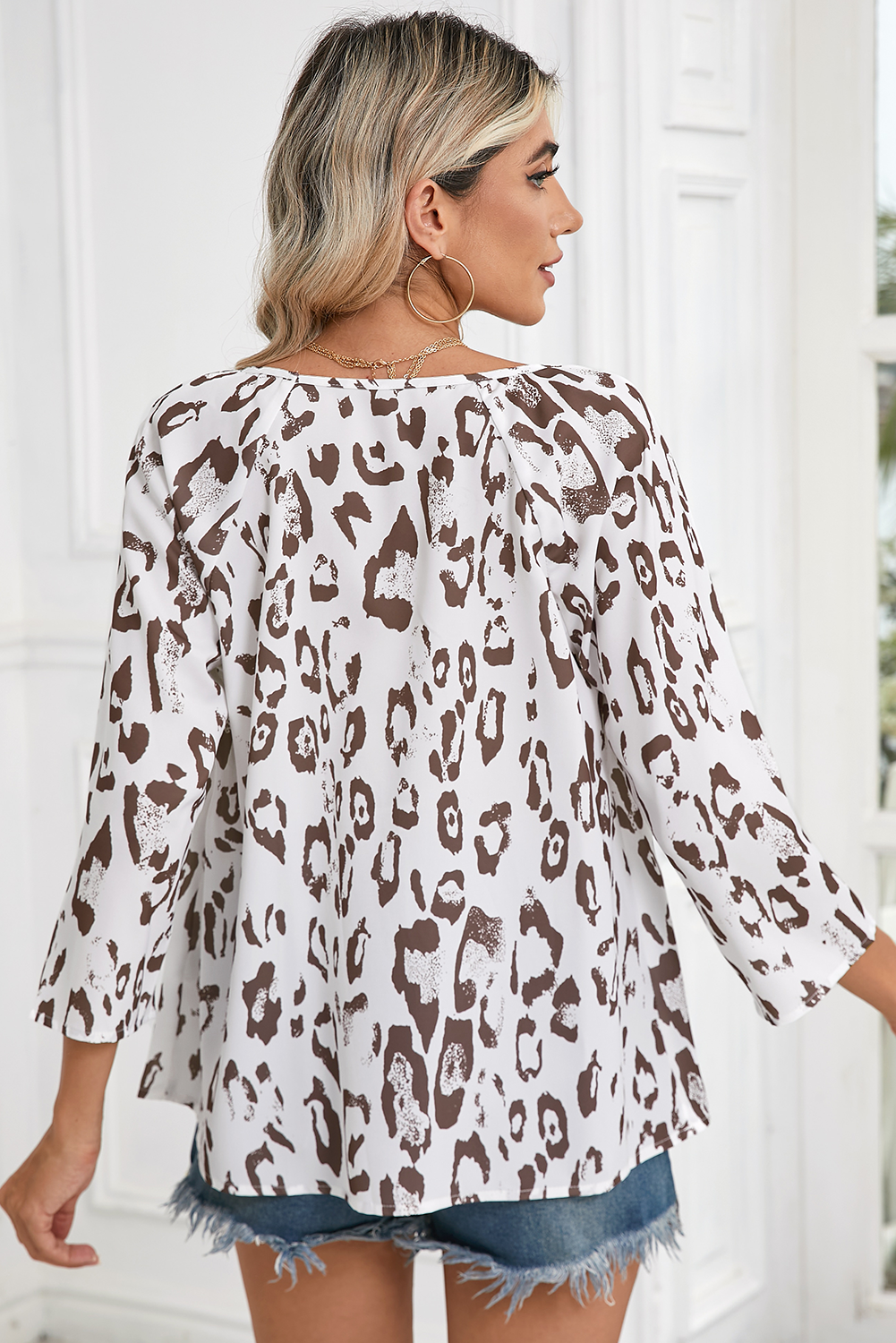 Black Leopard Print V Neck 3/4 Sleeve Blouse