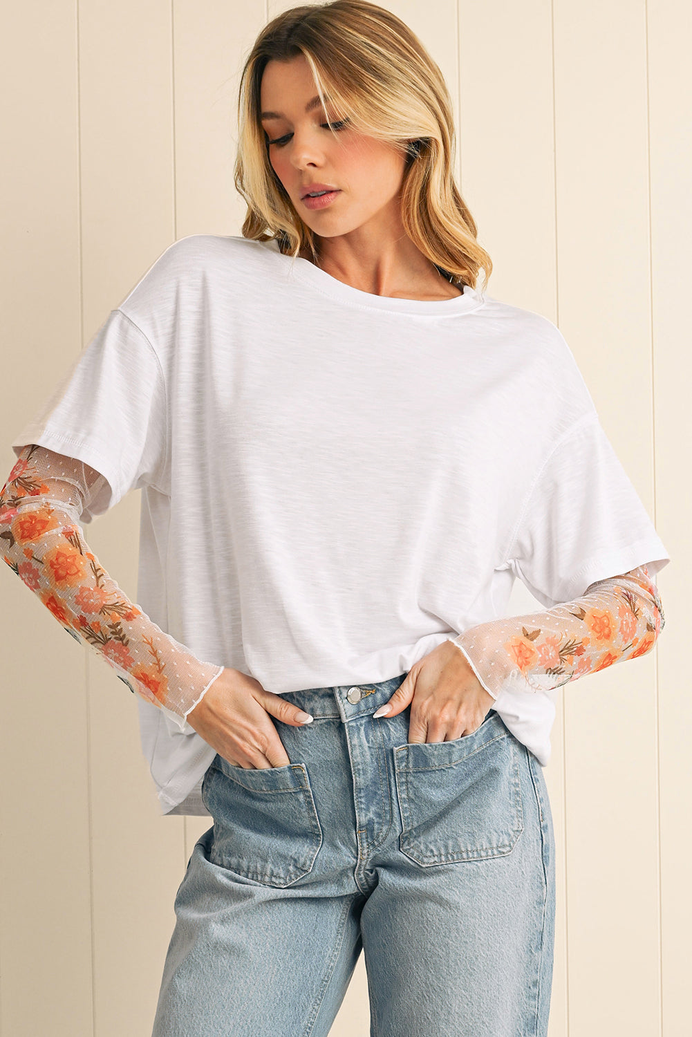 White Floral Mesh Patchwork Sleeve Fake Two-Piece Top