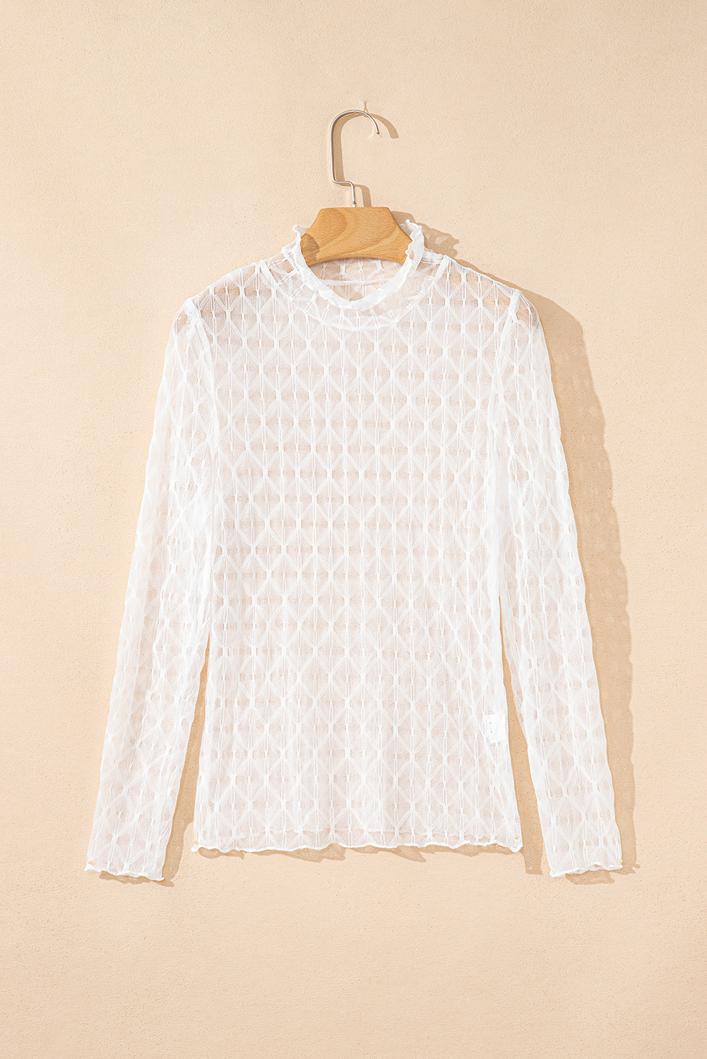 Coffee Sheer Mesh Lettuce Trim Slim Long Sleeve Top