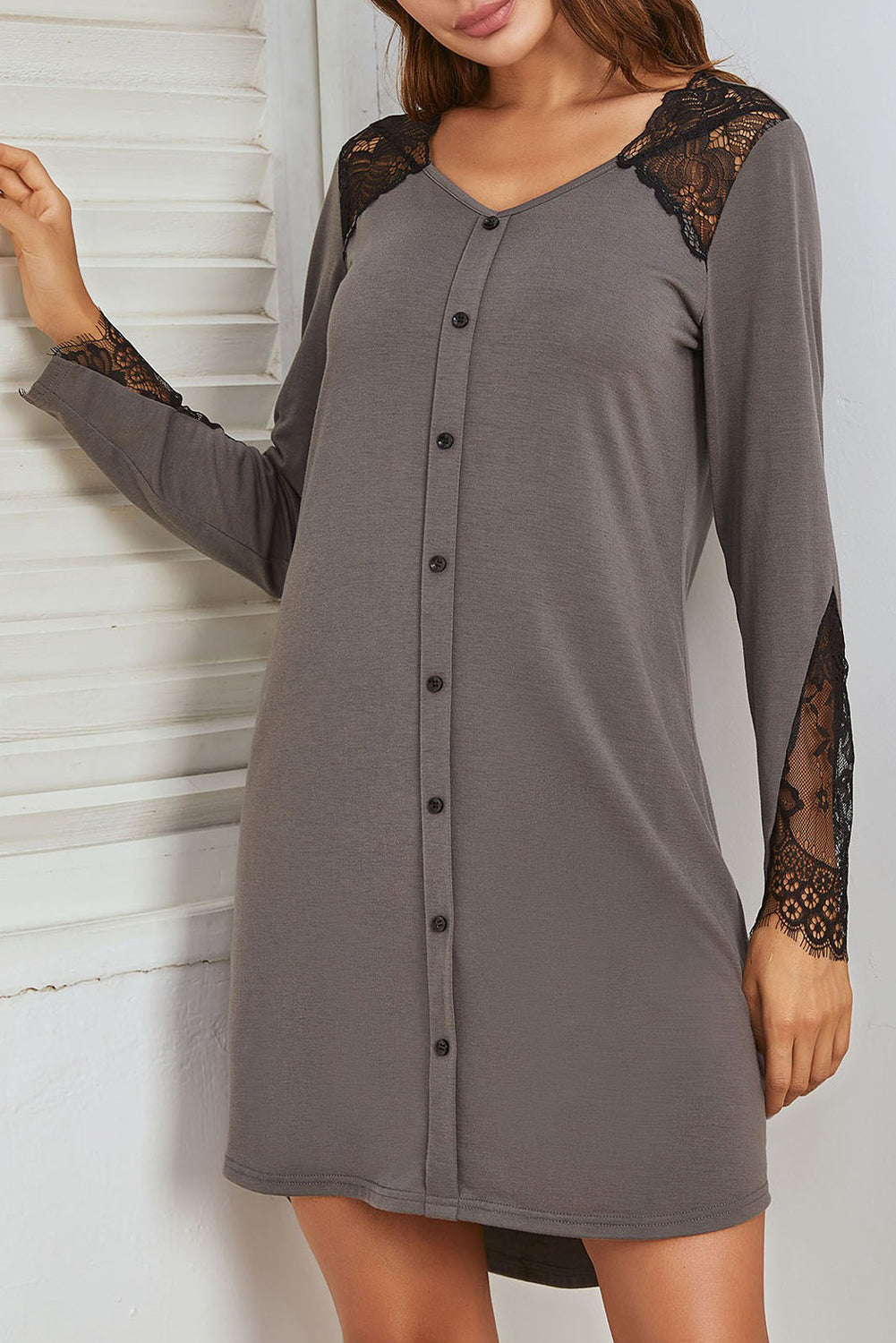 Sleet Lace Patchwork V Neck Button Nightgown Dress