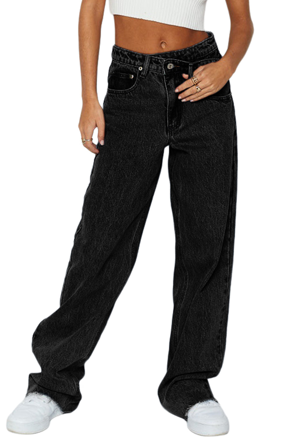 Sky Blue Mid Rise Asymmetrical Waist Wide Leg Jeans
