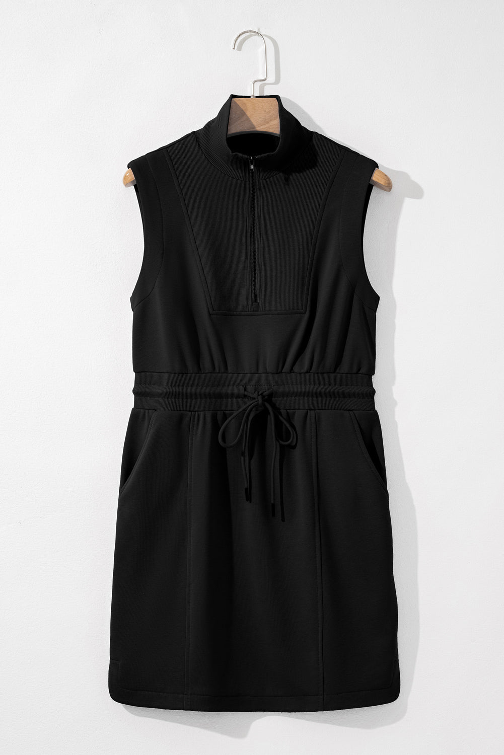 Black Terry Zipped Collar Sleeveless Drawstring Waist Mini Dress
