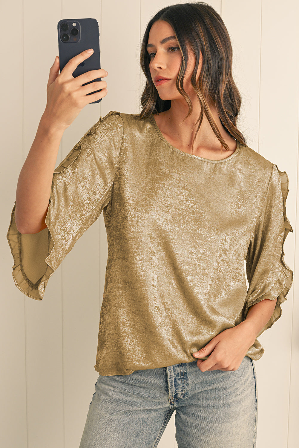 Gold Solid Color Ruffle Trim Flounce Sleeve Blouse