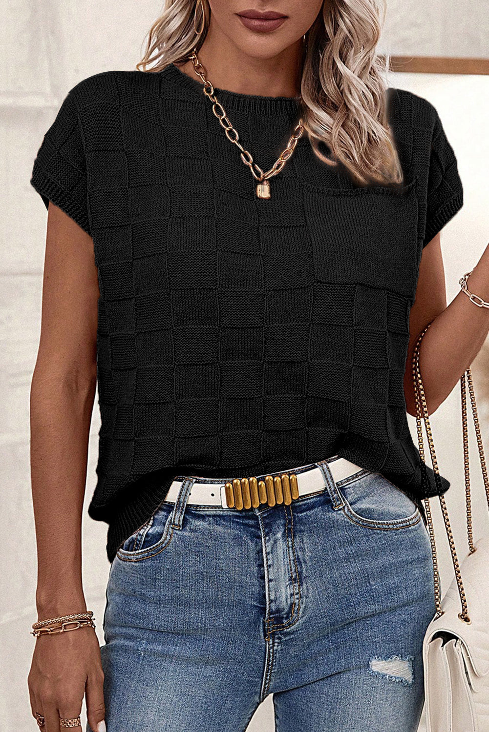 Black Lattice Textured Knit Short Sleeve Baggy Top