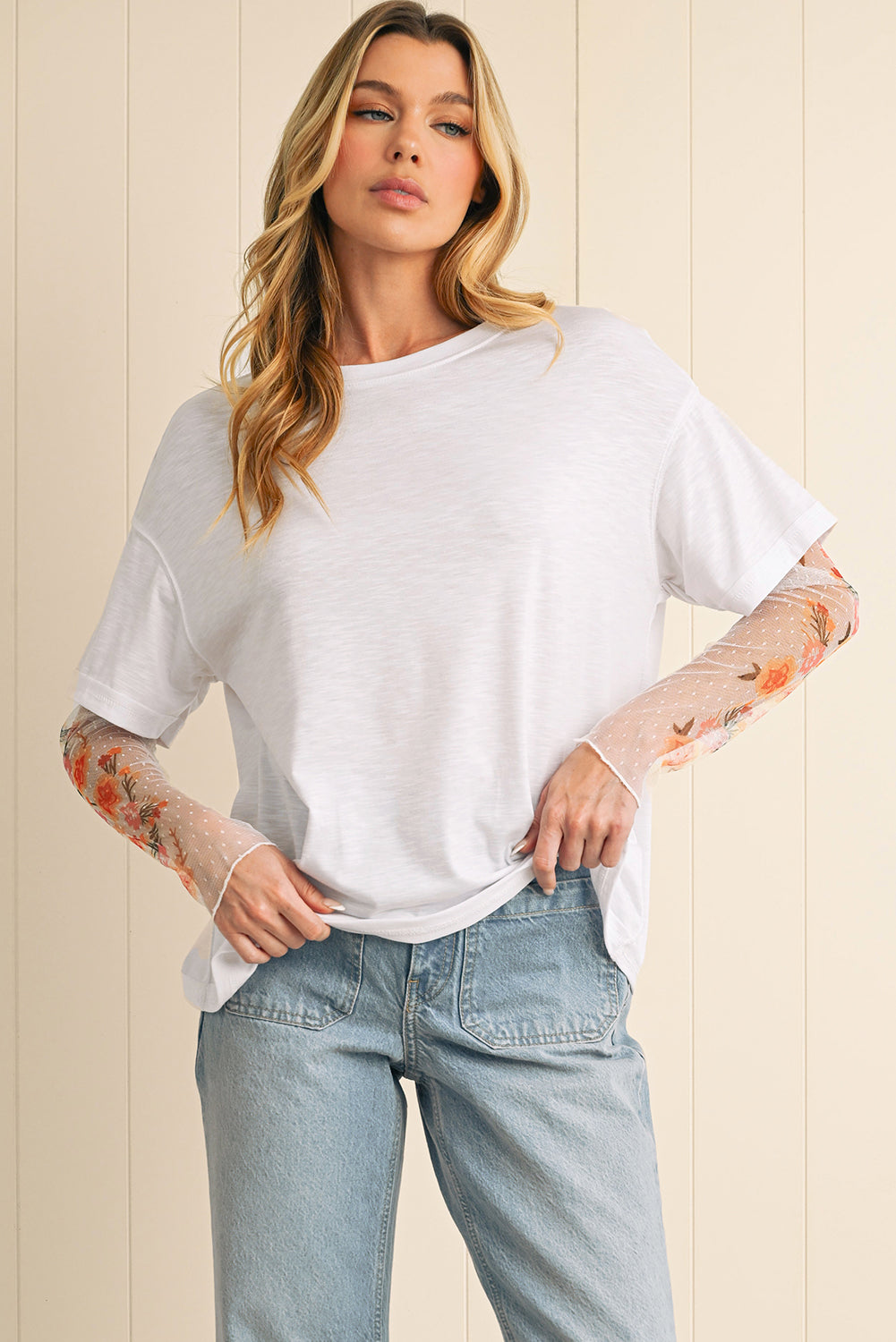 White Floral Mesh Patchwork Sleeve Fake Two-Piece Top