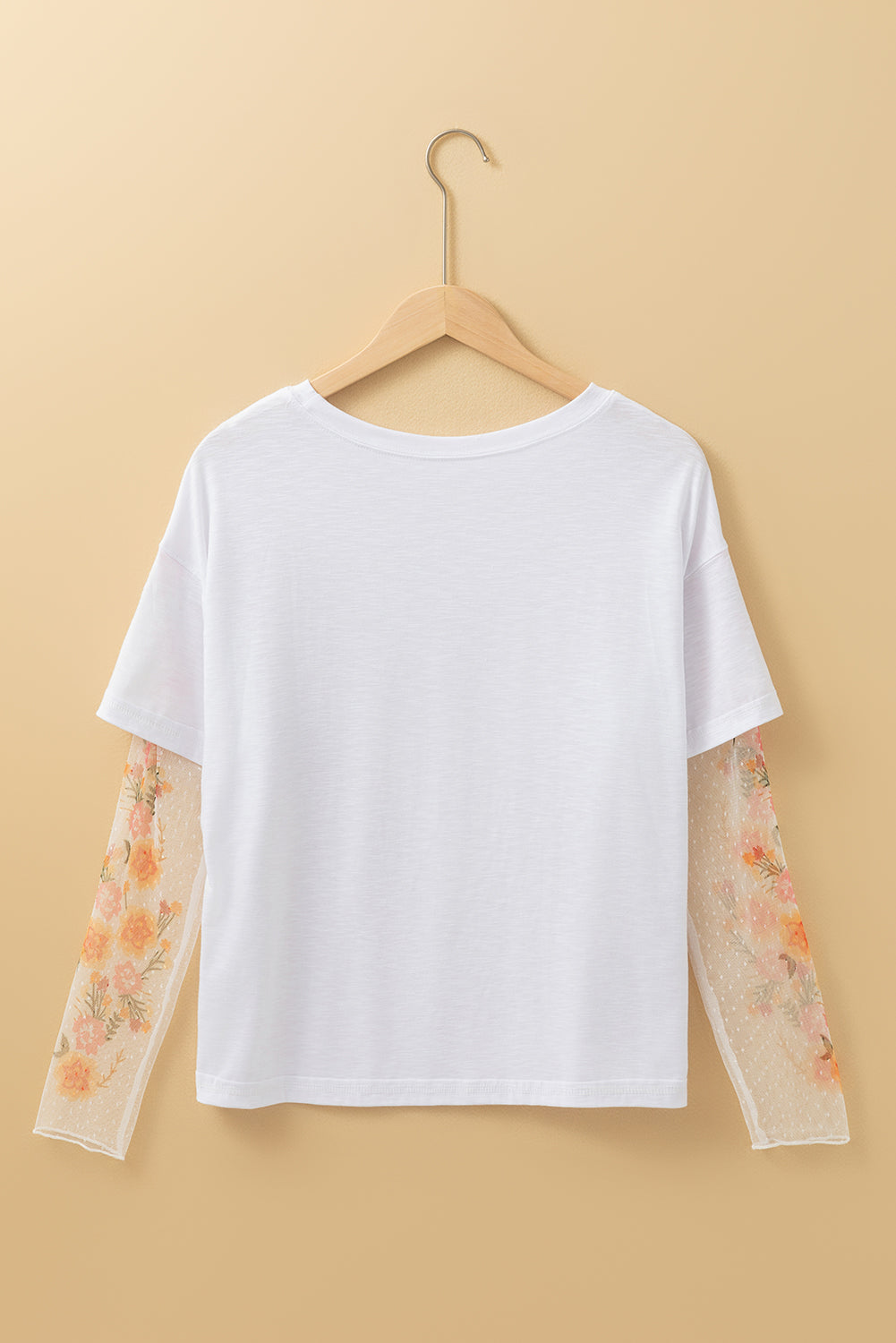 White Floral Mesh Patchwork Sleeve Fake Two-Piece Top