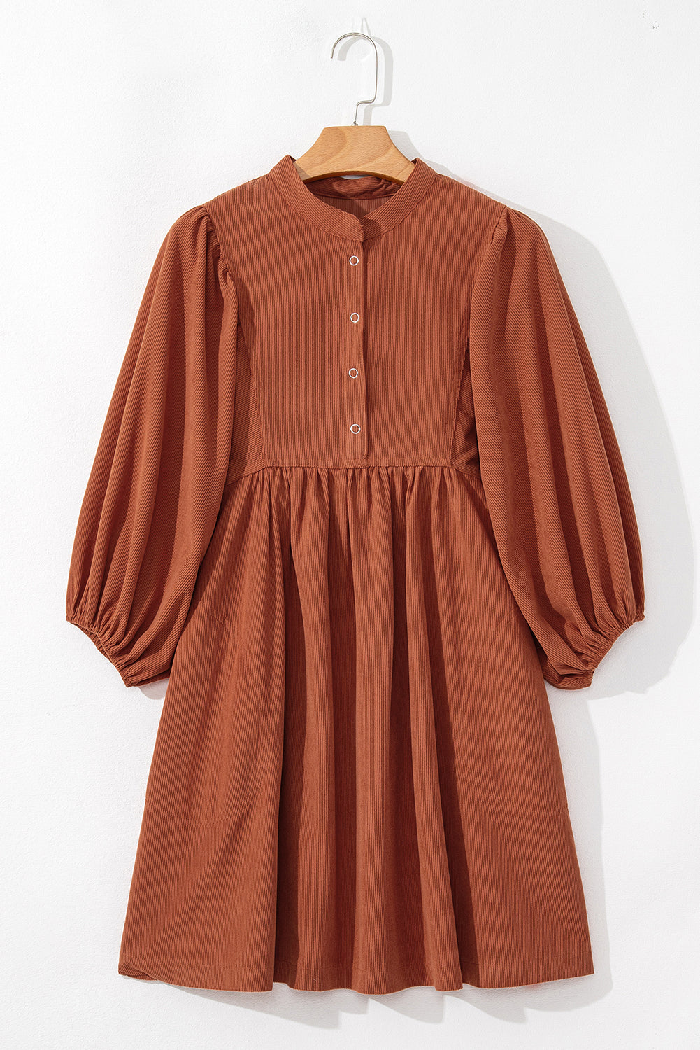 Vineyard Green Snap Button Empire Waist Lantern Sleeve Corduroy Dress