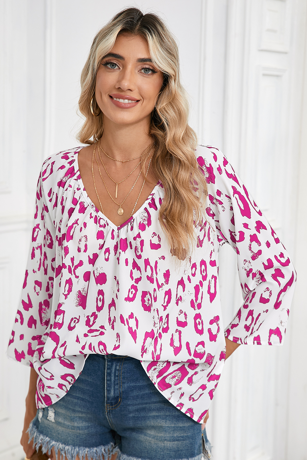 Black Leopard Print V Neck 3/4 Sleeve Blouse