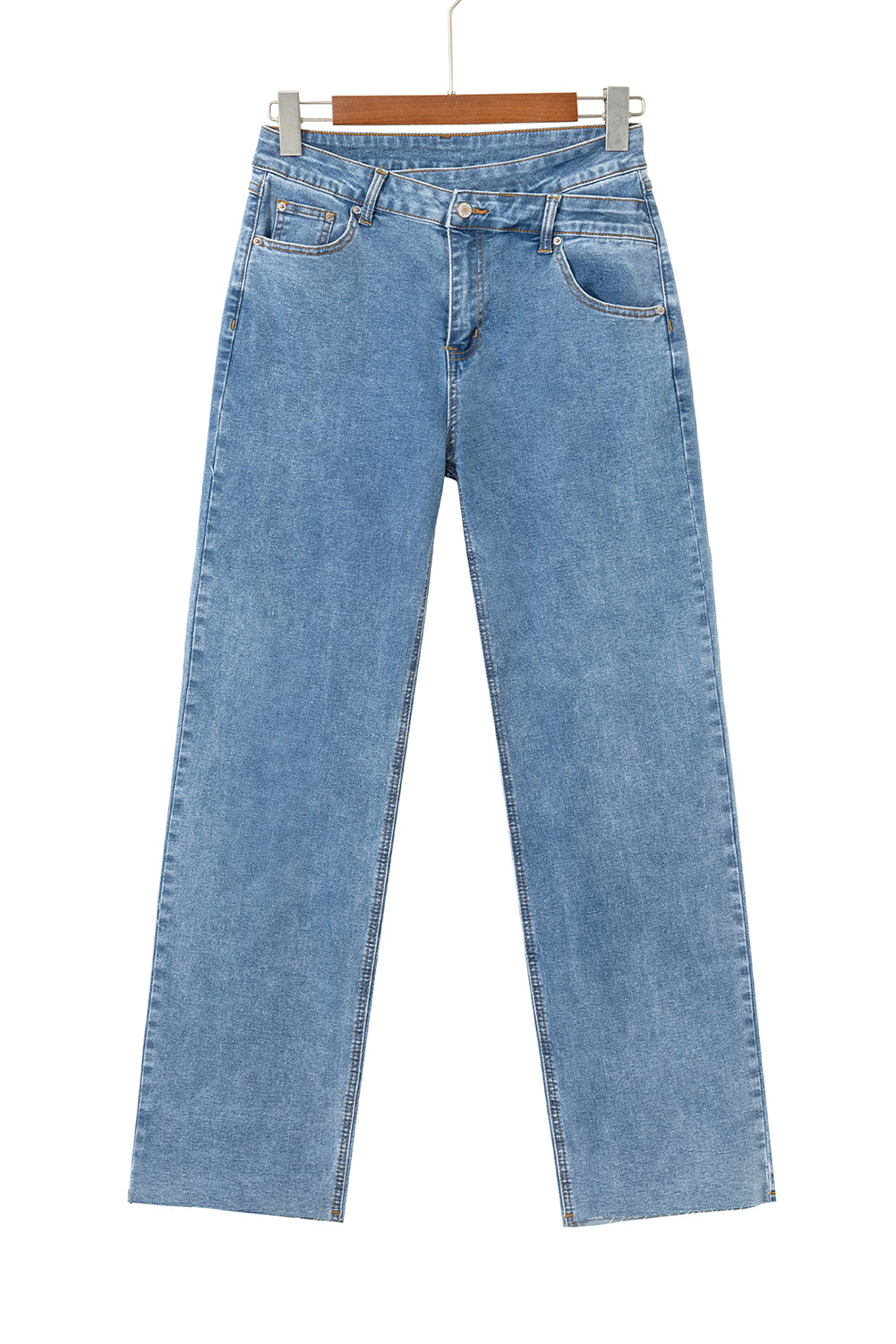Sky Blue Mid Rise Asymmetrical Waist Wide Leg Jeans