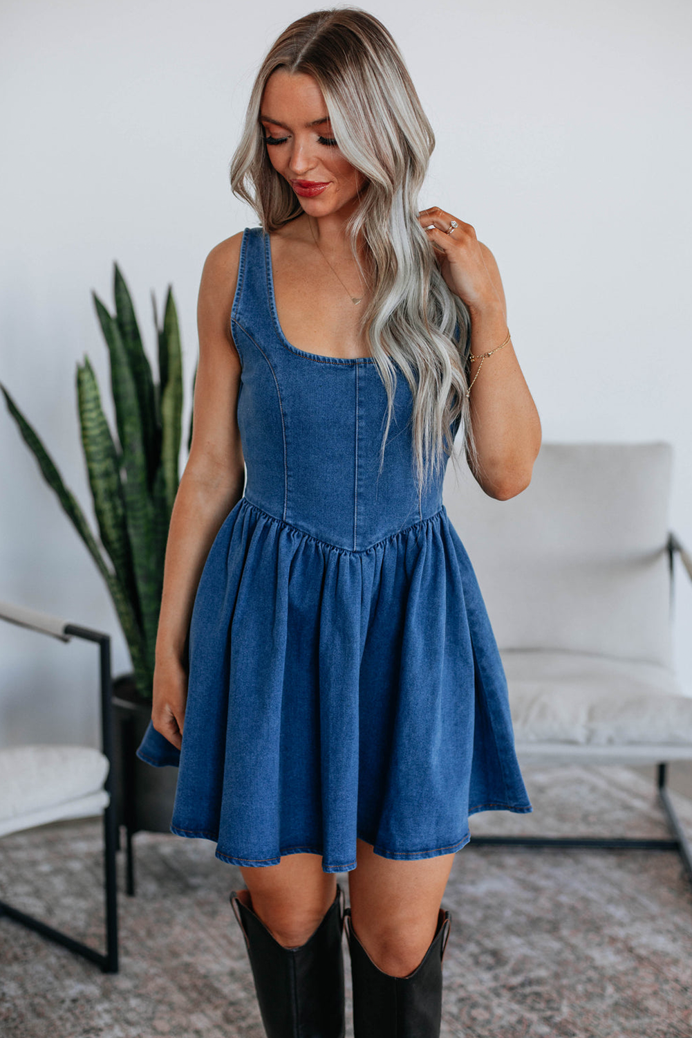 Sail Blue Bowknot A-line Sleeveless Denim Dress