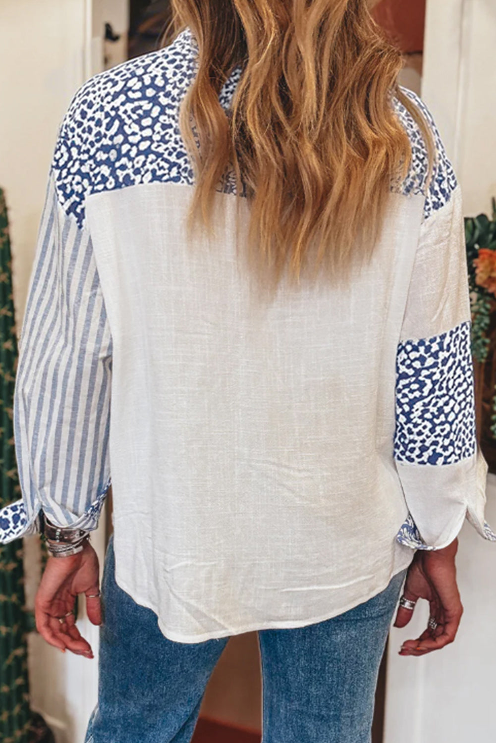 Sky Blue Leopard Striped Patchwork Button-up Shirt