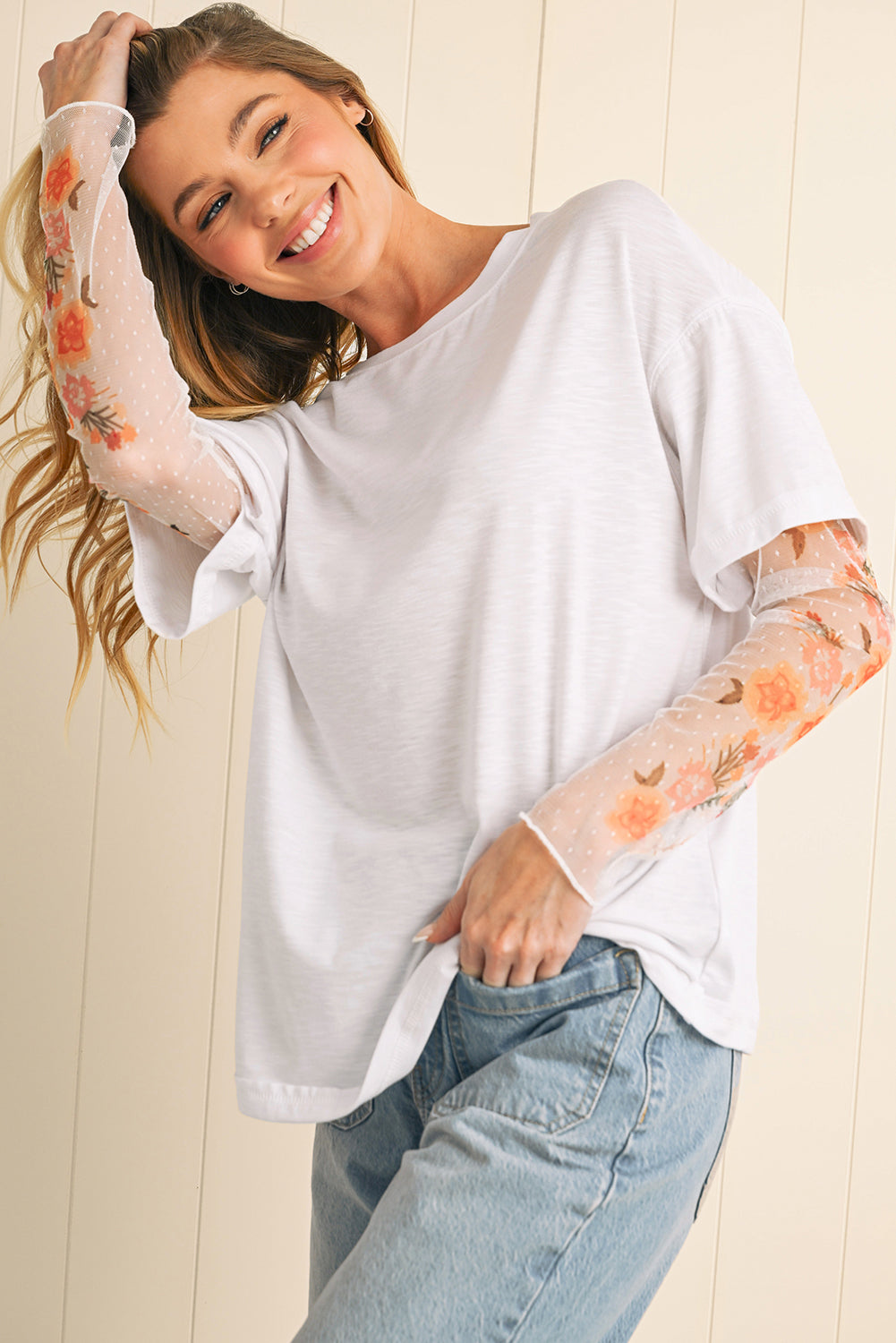 White Floral Mesh Patchwork Sleeve Fake Two-Piece Top