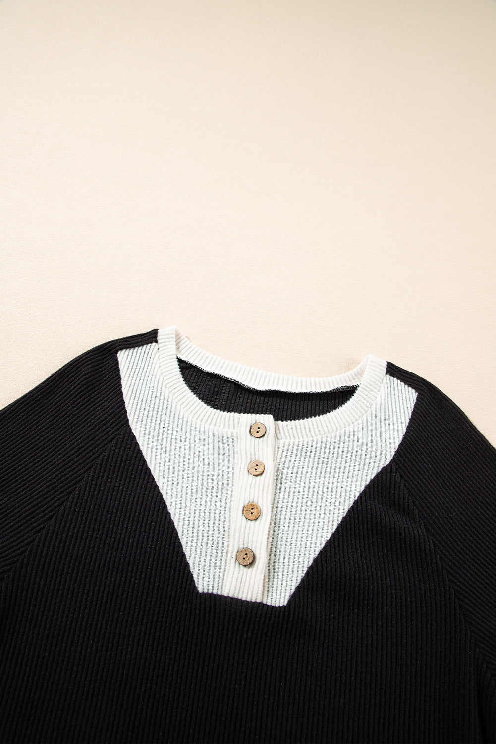Black Contrast Ribbed Loose Fit Henley Top