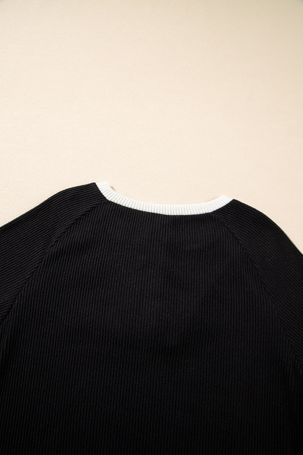Black Contrast Ribbed Loose Fit Henley Top