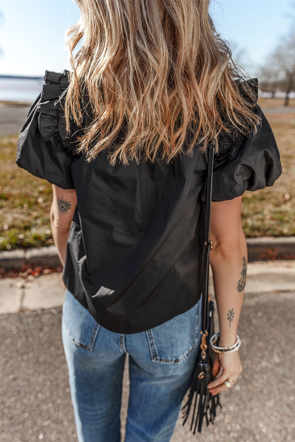 Black V Neck Ruffle Puff Short Sleeve Loose Blouse