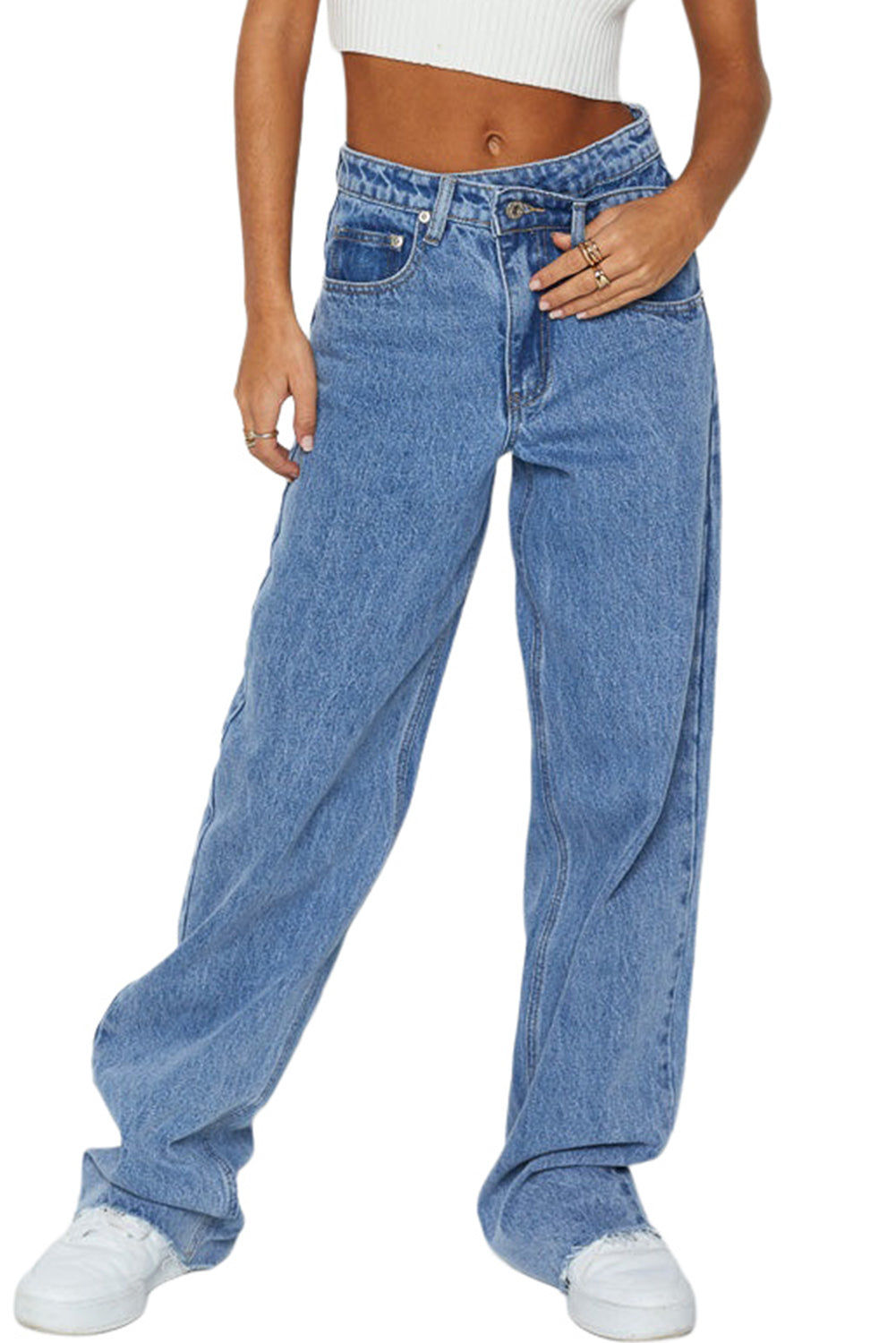 Sky Blue Mid Rise Asymmetrical Waist Wide Leg Jeans
