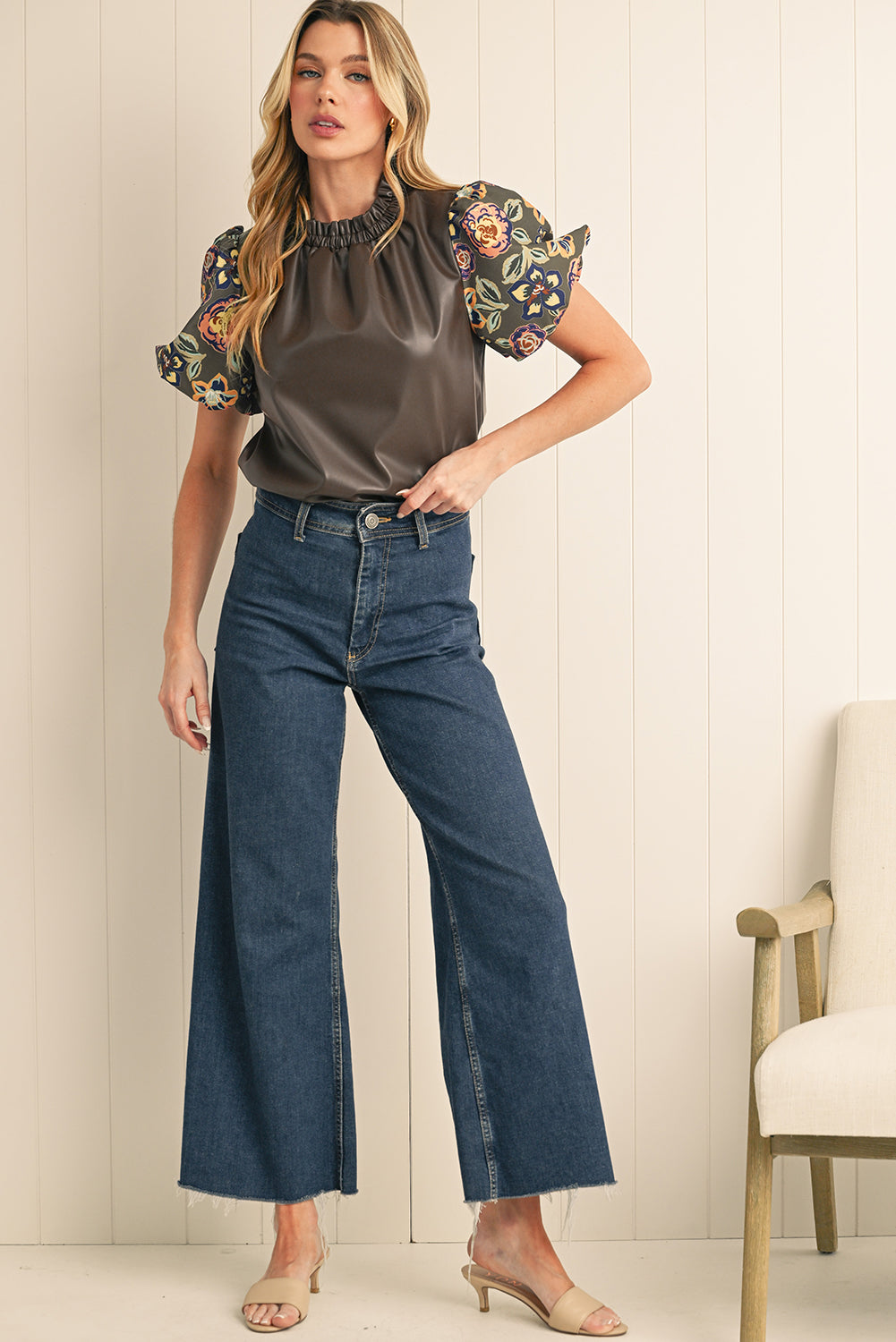 Floral Puff Sleeve Boho Frill Neck Blouse