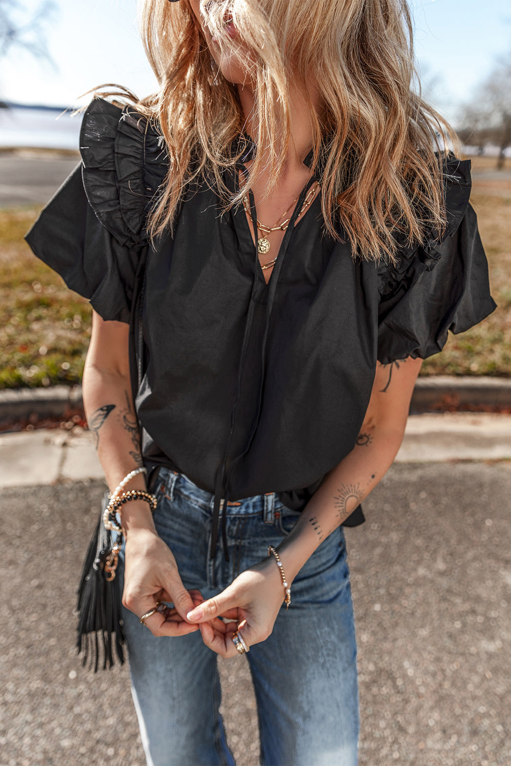 Black V Neck Ruffle Puff Short Sleeve Loose Blouse