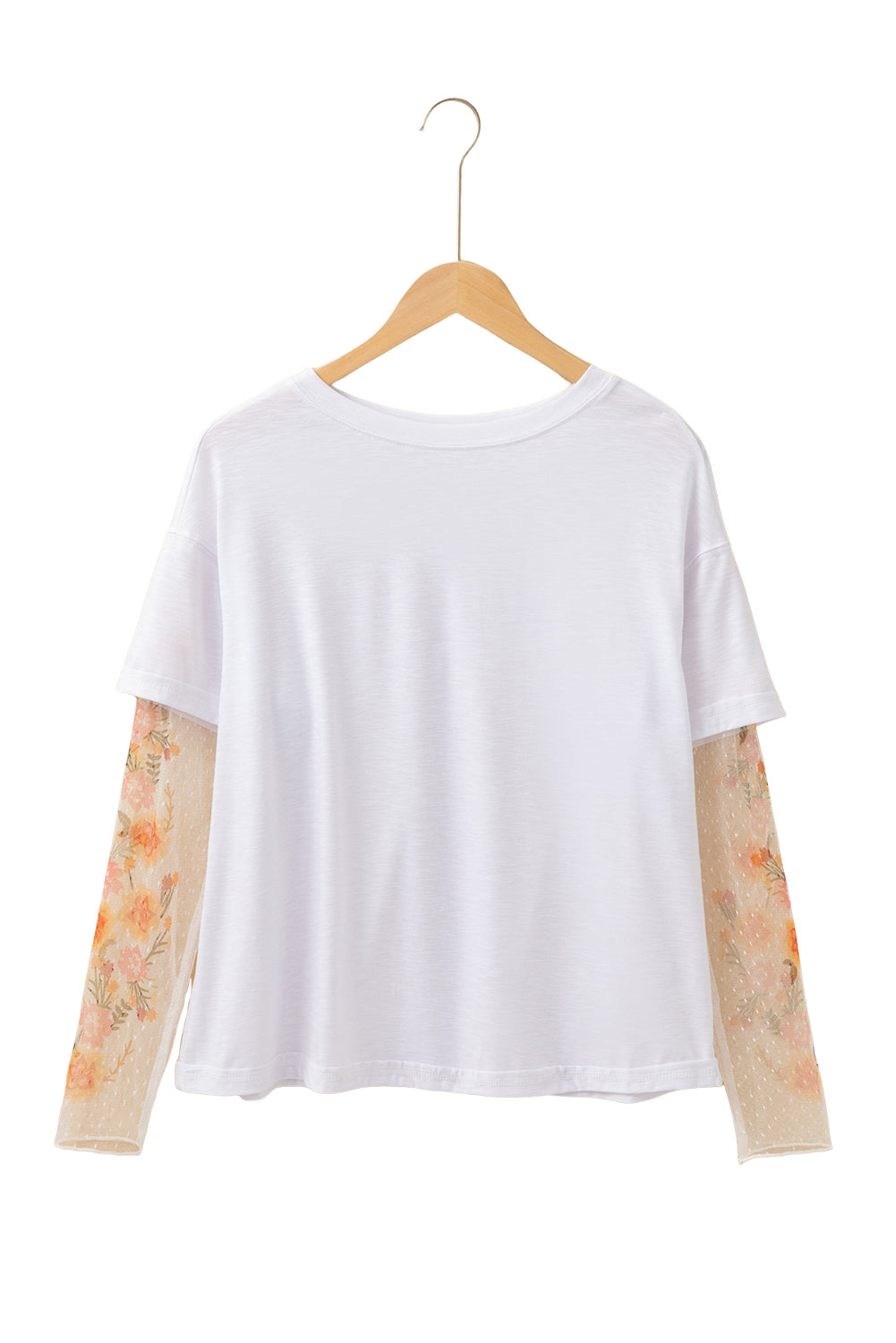 White Floral Mesh Patchwork Sleeve Fake Two-Piece Top