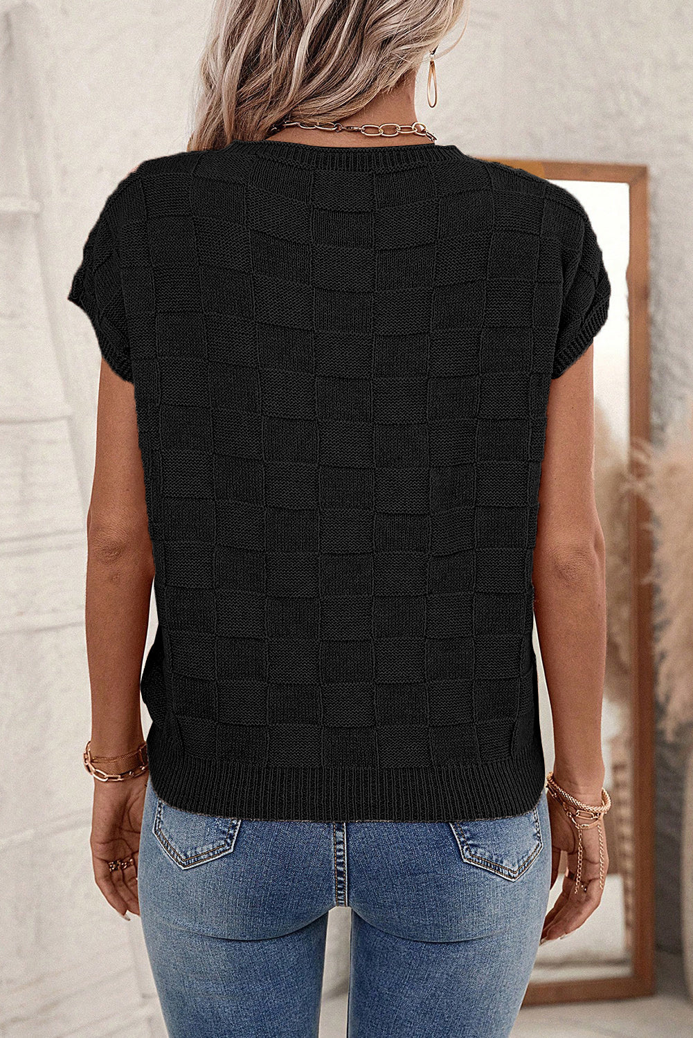 Black Lattice Textured Knit Short Sleeve Baggy Top