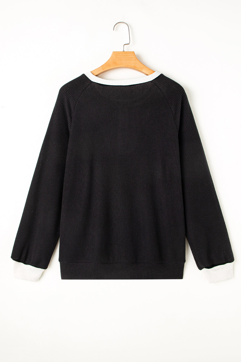 Black Contrast Ribbed Loose Fit Henley Top