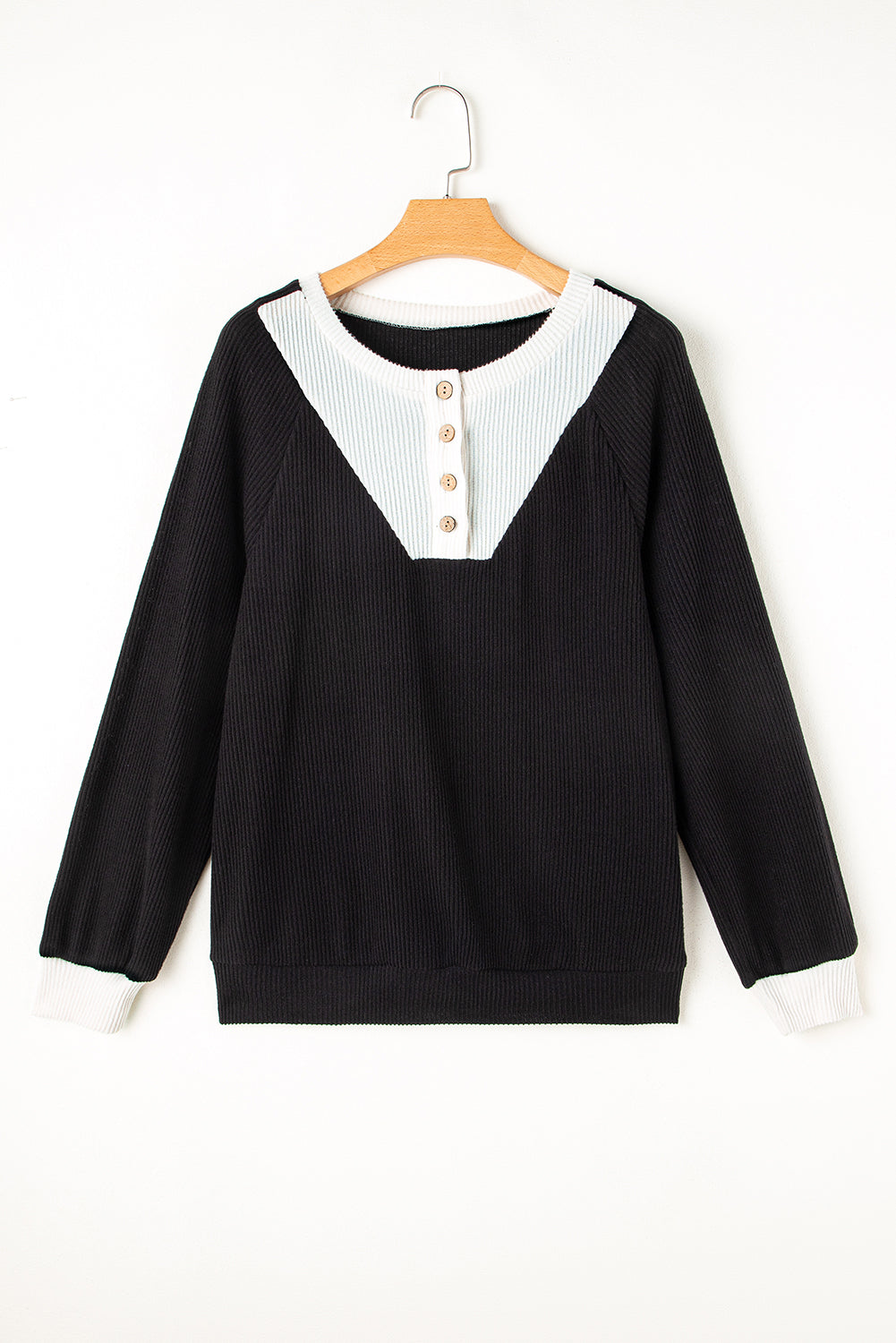 Black Contrast Ribbed Loose Fit Henley Top