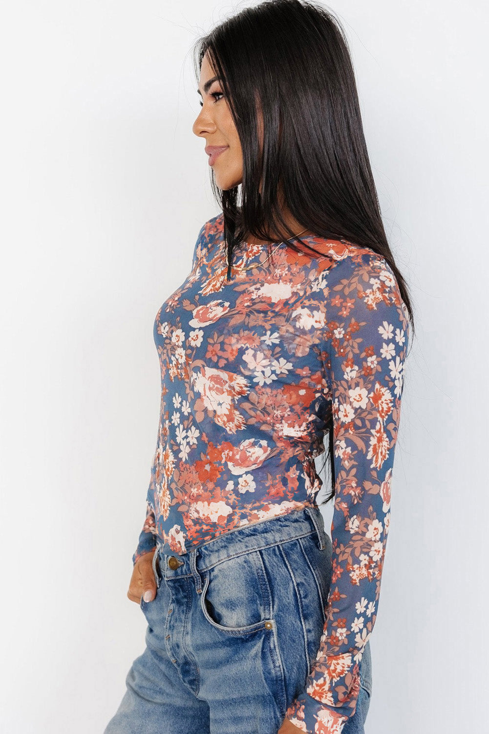 Black Allover Floral Print Mesh Long Sleeve Top