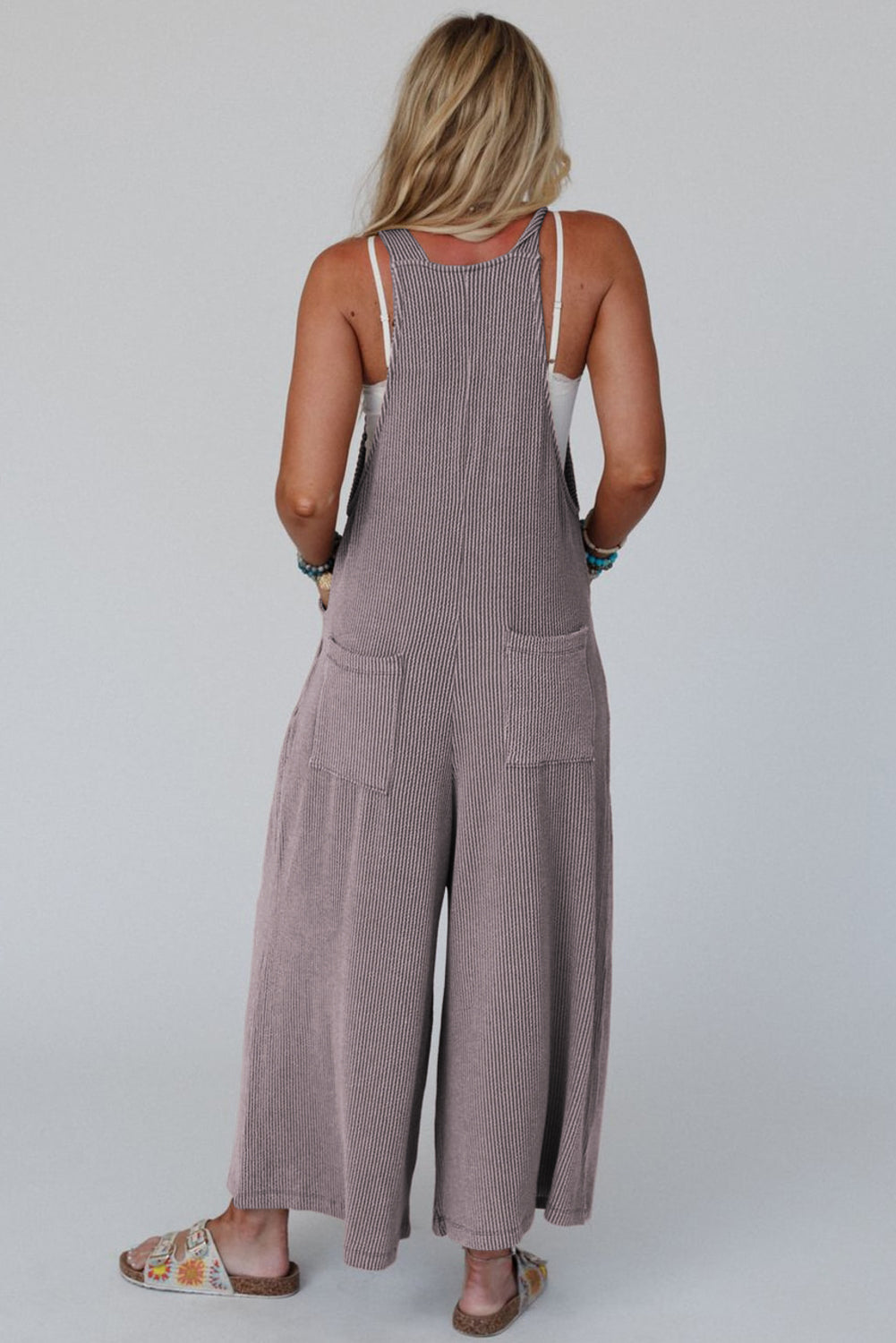 Philippine Gray Corded Solid Adjustable Straps Wide Leg Loose Jumpsuit