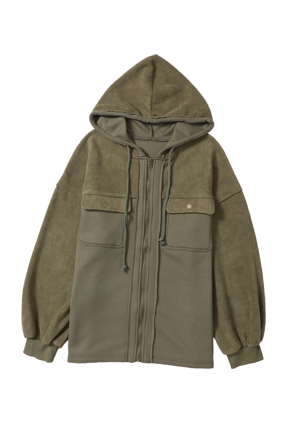 Tan Bishop Sleeve Zip Up Flap Pockets Hoodie Jacket