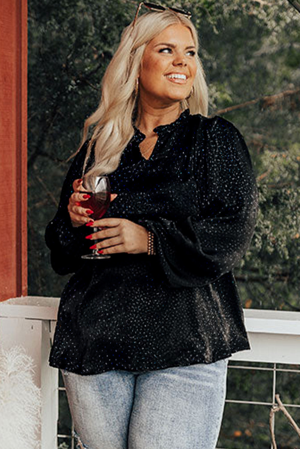 Black Plus Size Leopard Print Frill Notch V Neck Blouse