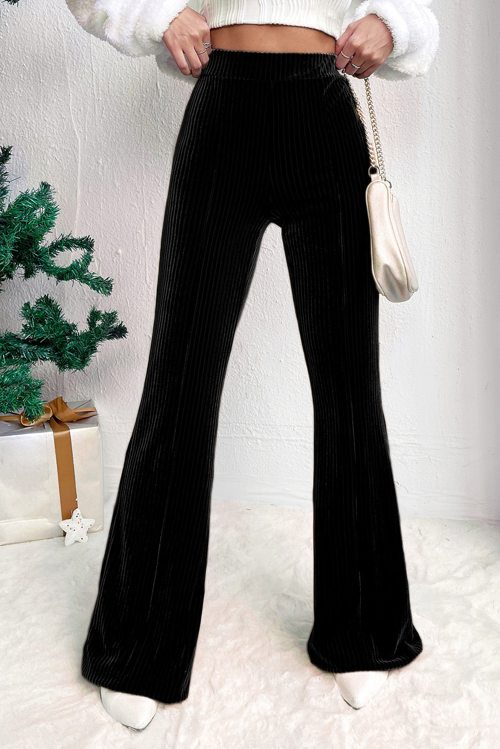 Chestnut Solid Color High Waist Corduroy Flare Pants