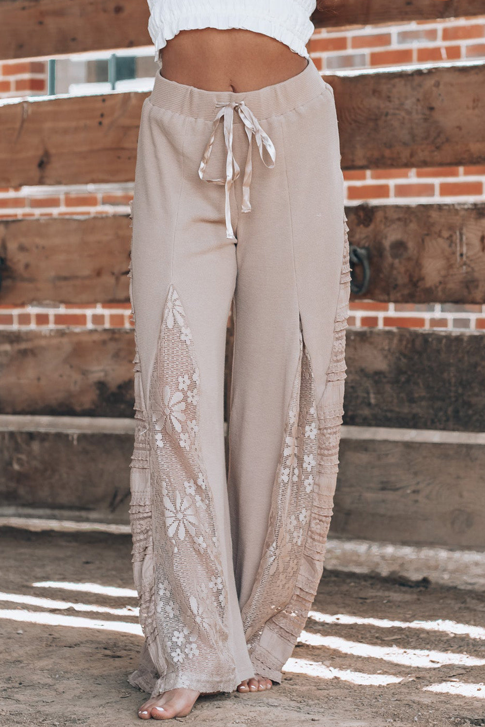 Smoke Gray Lace Patchwork Wide Leg High Waist Pants