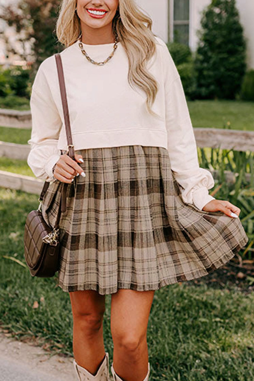 Black Plaid Patchwork High Waist Sweatshirt Mini Dress