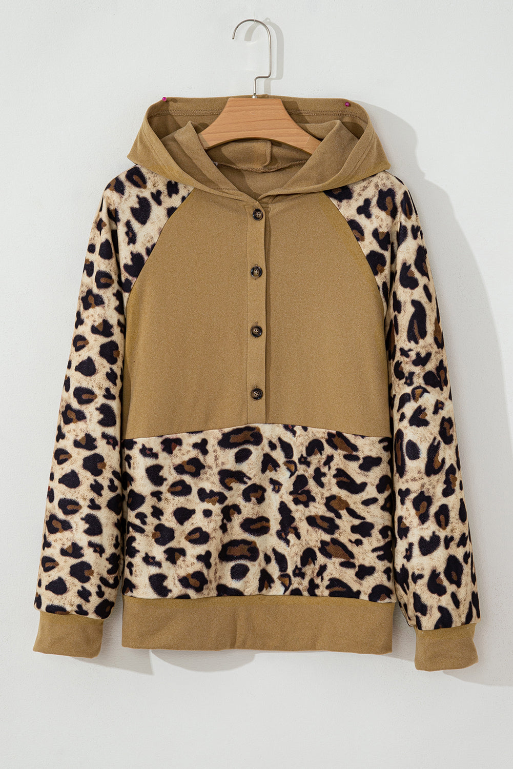 Light Beige Leopard Patchwork Raglan Sleeve Half Buttons Hoodie