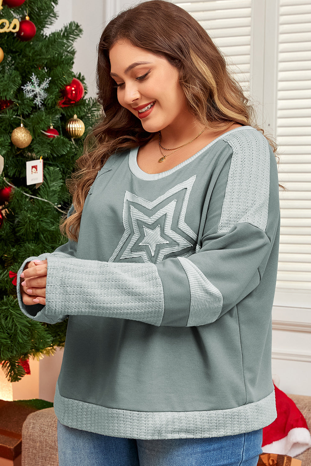 Mist Green Stars Patchwork Round Neck Plus Size Top