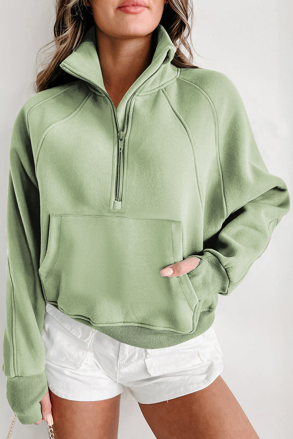 Green Zip Up Stand Collar Ribbed Thumbhole Sleeve Sweatshirt