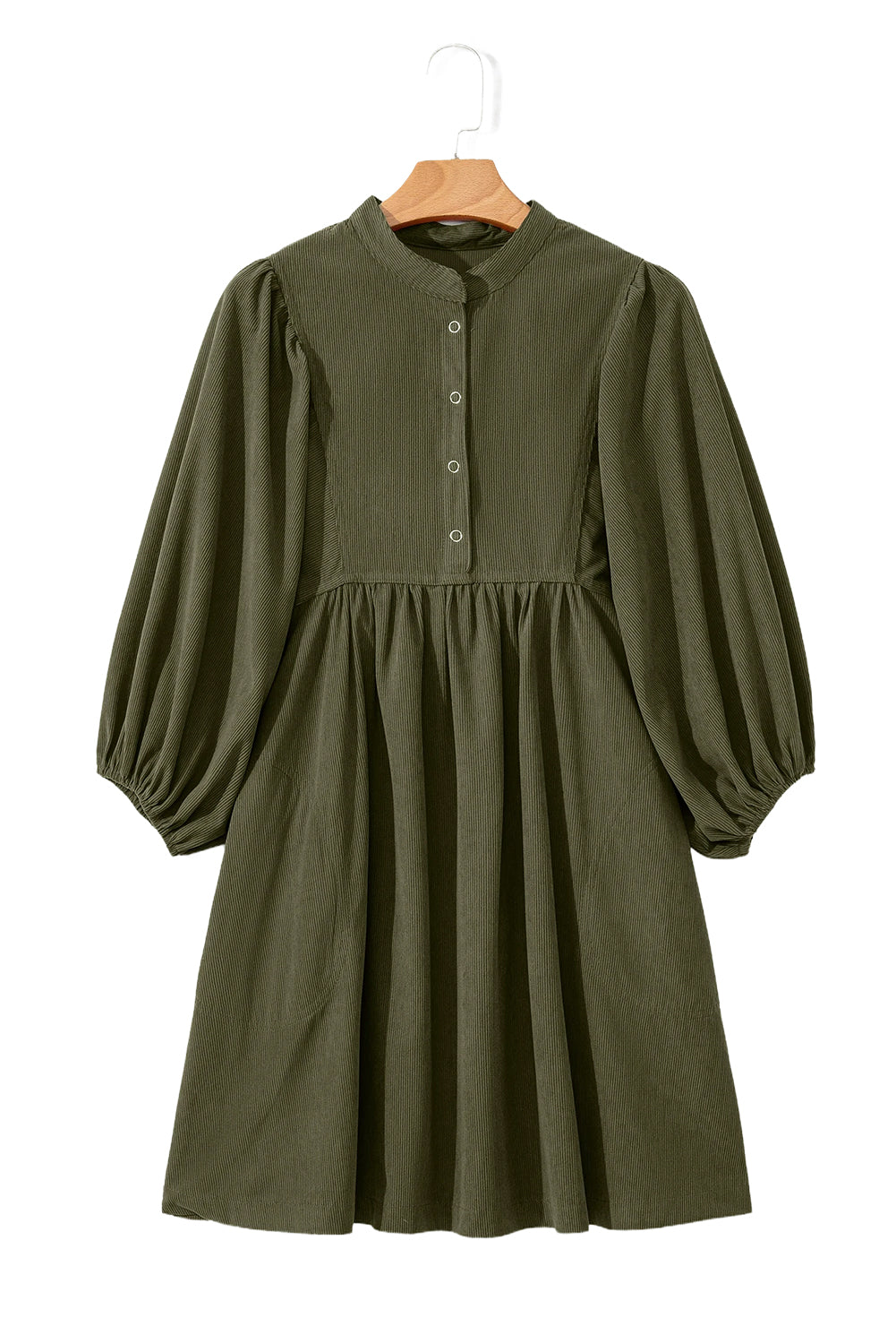 Vineyard Green Snap Button Empire Waist Lantern Sleeve Corduroy Dress