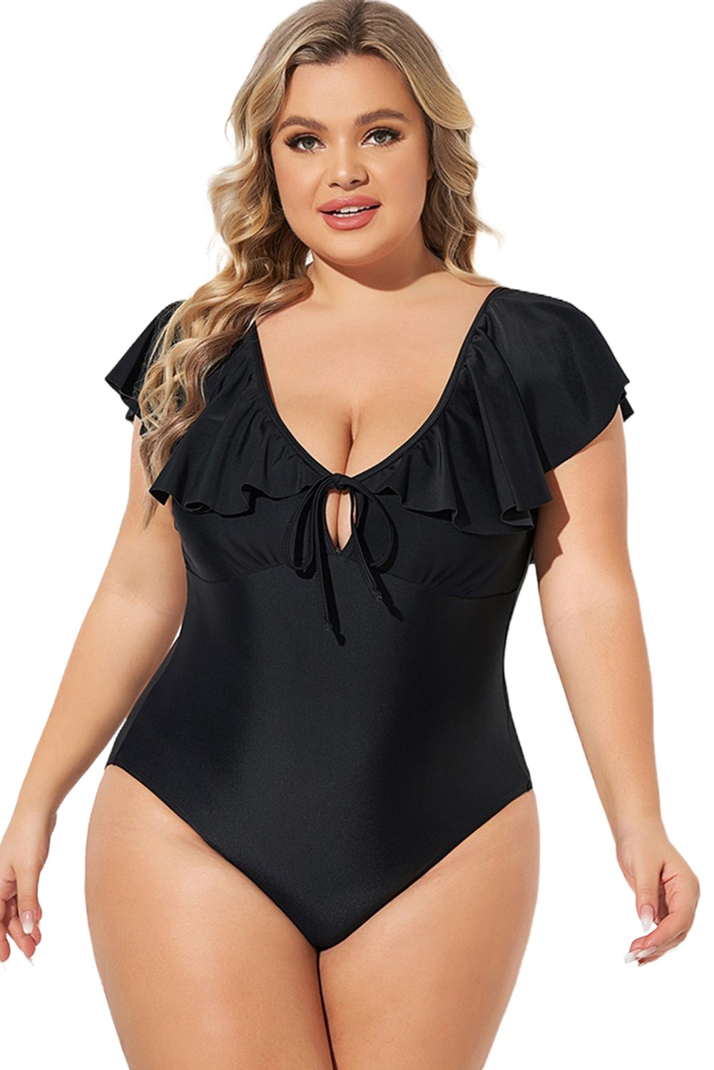 Black Ruffle Sleeve Lace-up V Neck Plus Size One Piece Swimsuit