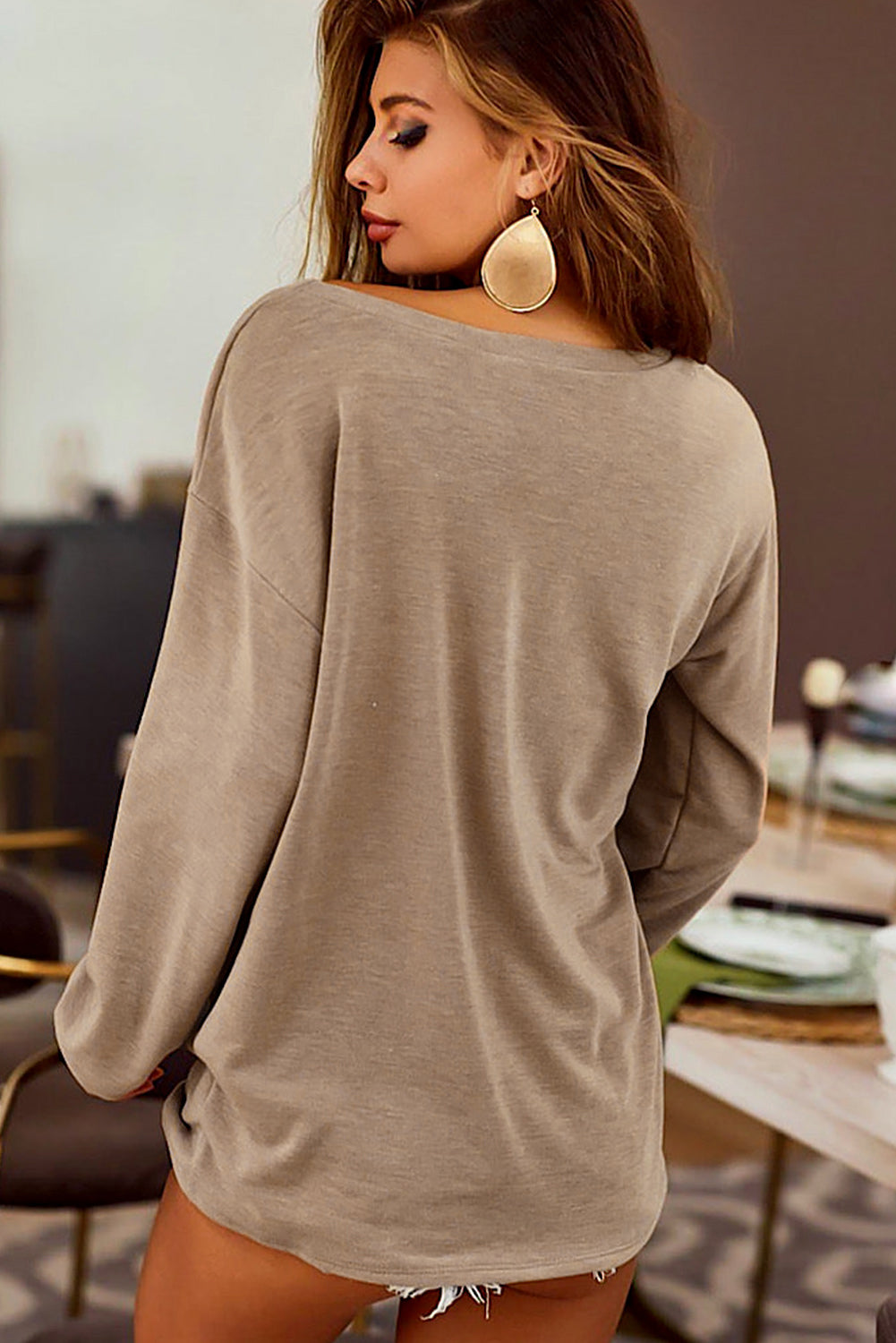 Khaki Casual Distressed Pocket Long Sleeve Top