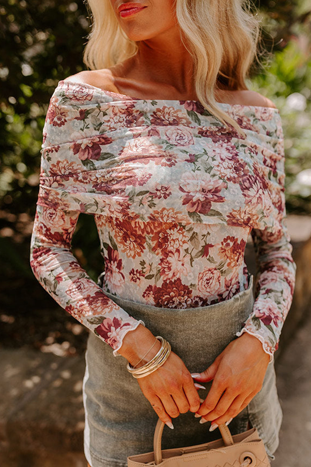 Pink Floral Print Overlay Long Sleeve Bodysuit