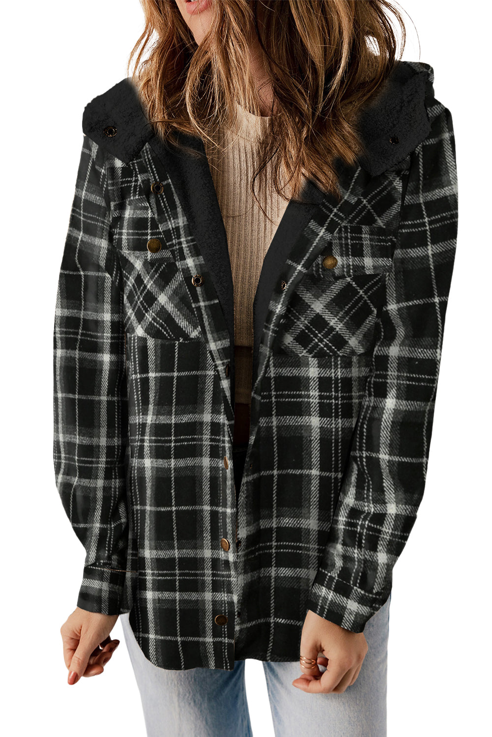 Black Snap Button Sherpa Lined Hooded Flannel Jacket