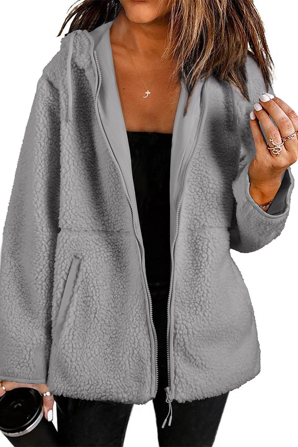 Medium Grey Fleece Zip Up Drawstring Hooded Pocketed Jacket