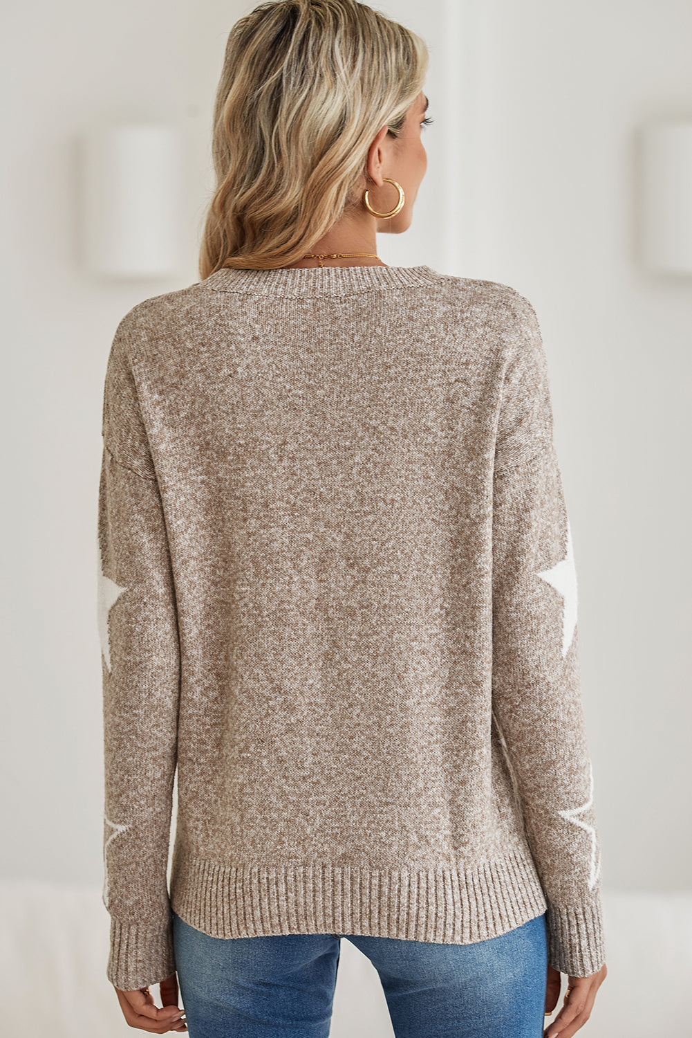 Gray Star Pattern Drop Shoulder Knit Sweater