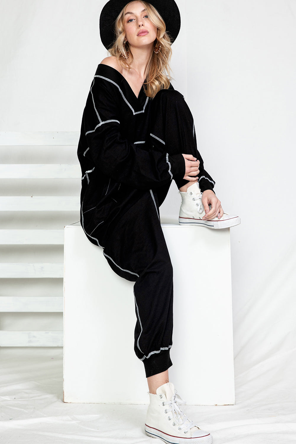 Black Exposed Seam Oversized Drop Waist Jumpsuit