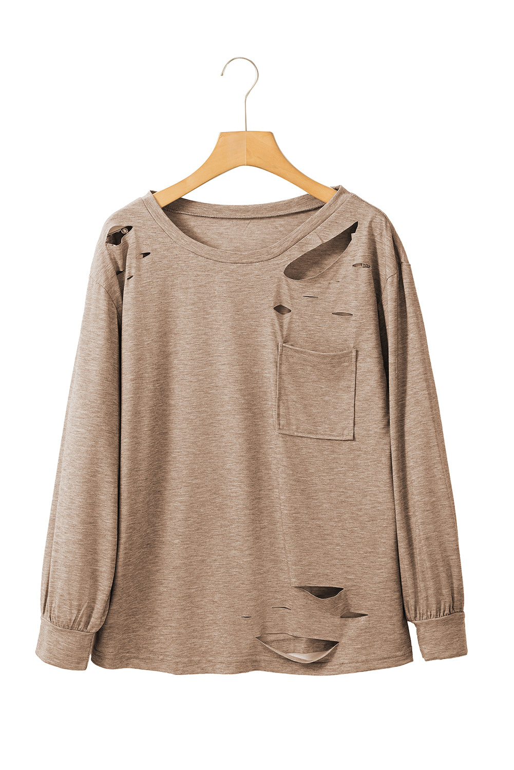 Khaki Casual Distressed Pocket Long Sleeve Top