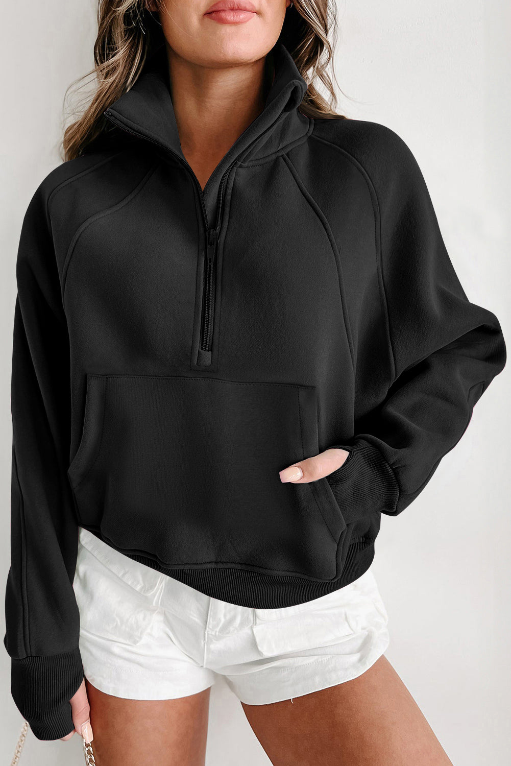 Green Zip Up Stand Collar Ribbed Thumbhole Sleeve Sweatshirt