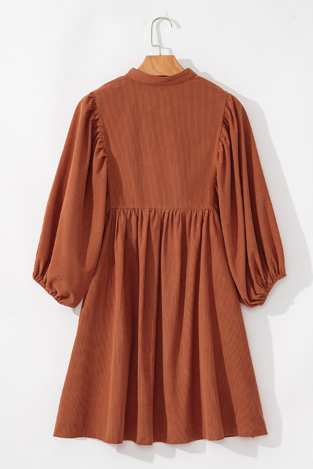 Vineyard Green Snap Button Empire Waist Lantern Sleeve Corduroy Dress